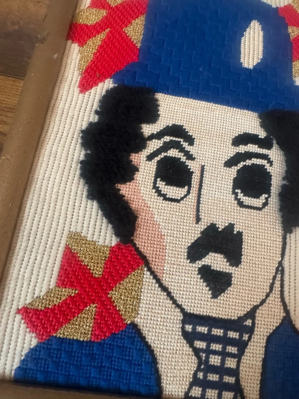 Vintage Charlie Chaplin Needlepoint Framed Art Textured Yarn Gold Red Blue‎
